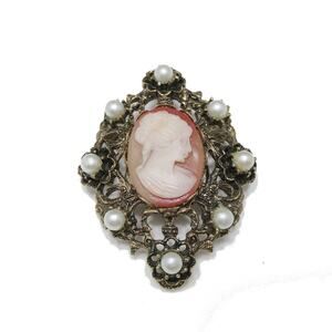 Vintage 1960s Cameo Brooch Pendant Filigree Frame Faux Pearl Victorian Style